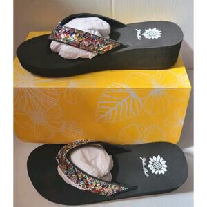 Yellow Box SCALIA Rhinestone WEDGE Flip Flop SANDALS in Black WOMEN’S Sz 8.5 US